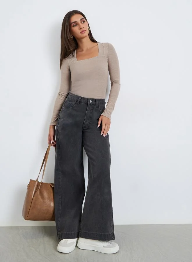 Styli Women Beige Long Sleeve Square Neck Knit Top